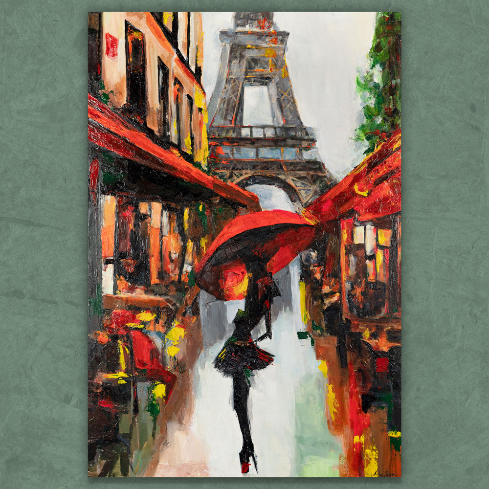 Acrylgemälde Eiffelturm Paris mit rotem Schirm – Stadtbild Leinwand