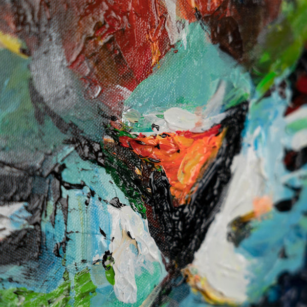 Texturdetails in Rot, Türkis und Schwarz – Acryl auf Leinwand
