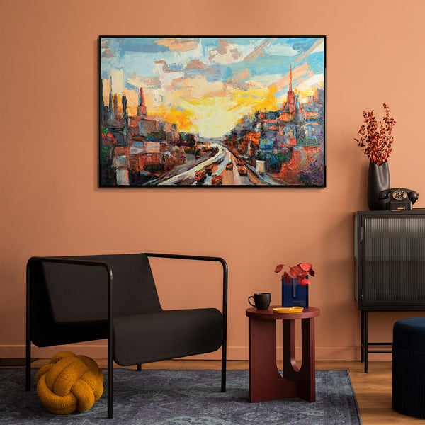 Farbstarke Stadtwandkunst als Highlight im modernen Wohnzimmer