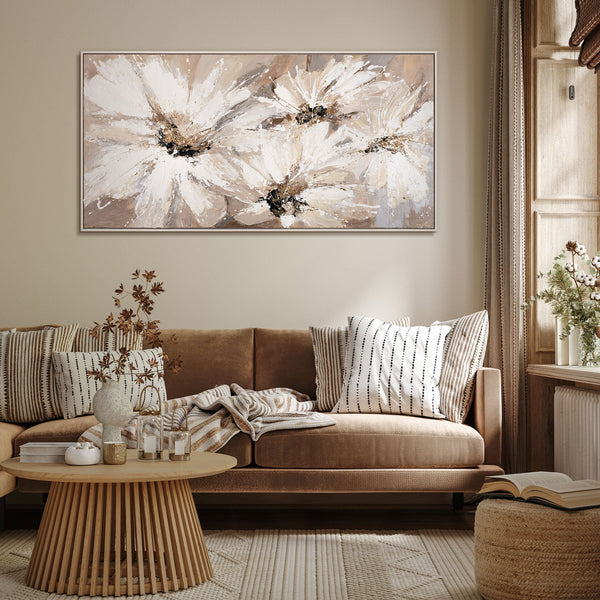 Wanddeko mit weiß-beigen Blumen – florales Bild im Wohnzimmer
