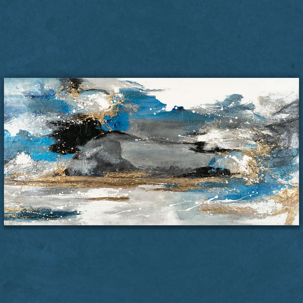 Abstraktes Acrylgemälde mit Meeresthema in Blau, Weiß und Gold