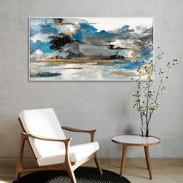 Wandbild mit Meeresstruktur in Gold und Blau als Deko im Interieur