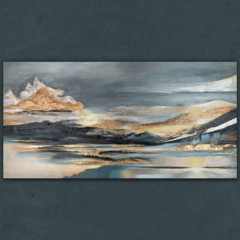 Abstrakte Landschaft mit Lichtreflexionen in Blau, Gold und Grau