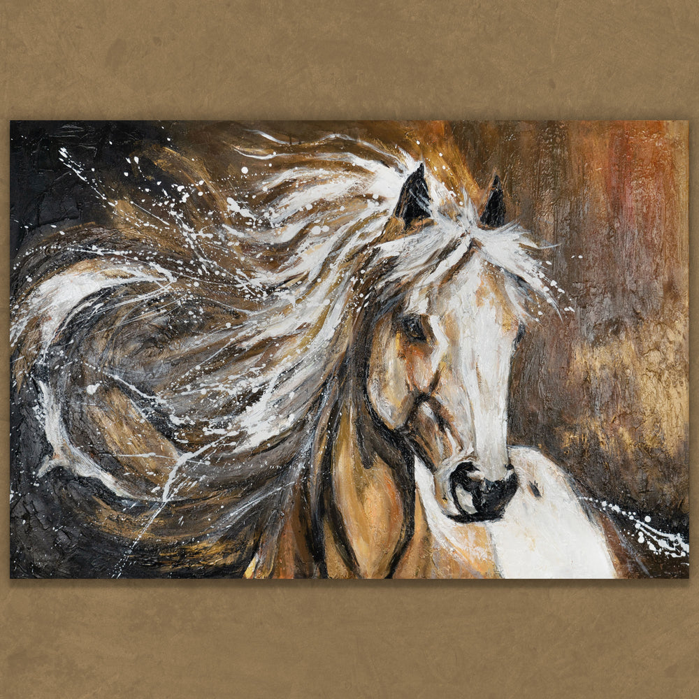 Horse wall art displayed in modern earth-toned interior