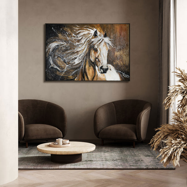 Full view of wild horse painting on unstretched canvas