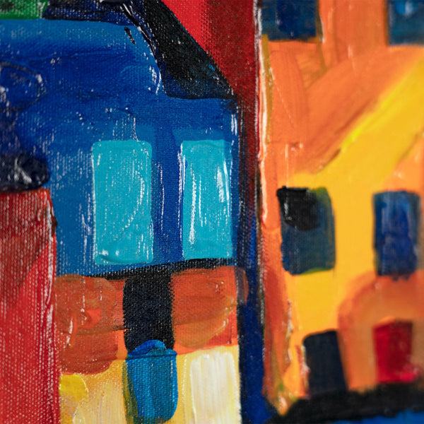 Detail of small boat on ocean in hand-painted acrylic scene