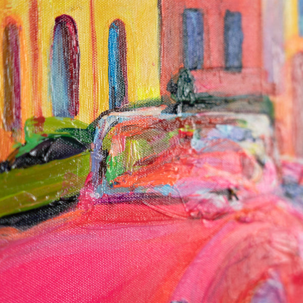 Full view of retro coastal painting on unstretched canvas