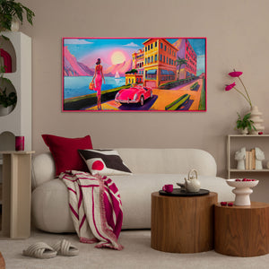 Abstract travel scene artwork displayed in a modern living room