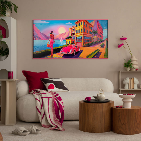 Abstract travel scene artwork displayed in a modern living room