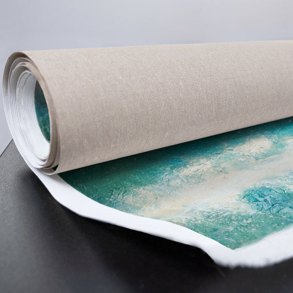Gerollte Leinwand mit Acryl-Strandszene in Türkis und Beige