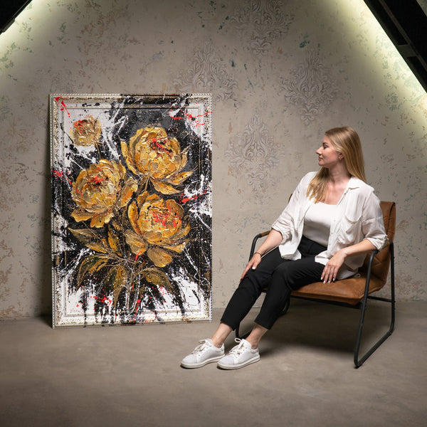 Goldene Blumen handgemaltes Acryl Leinwandbild im Atelier