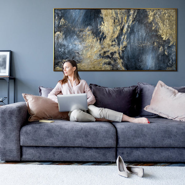 Handgemaltes Leinwandbild Gold Blau abstrakte Wandkunst