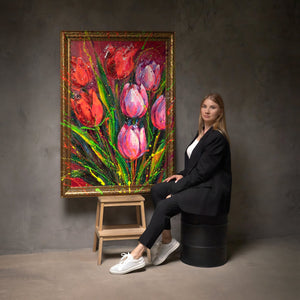 Rote Tulpen handgemaltes Acryl Leinwandbild im Atelier